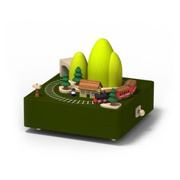 A colorful, whimsical music box featuring a spring-powered toy train on a grassy landscape with trees and buildings.