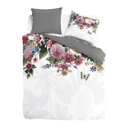 Floral duvet cover set with white background, featuring a colorful floral pattern and striped accent pillows. The duvet cover set is available in multiple sizes to fit different bed dimensions.