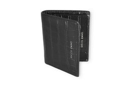 Black croc-embossed leather card case with multiple card slots and a compact design.