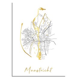 A decorative wall art print featuring a stylized map of the city of Maastricht, with gold foil accents highlighting the city's layout. The print is available in various sizes and framing options, making it a versatile piece for home or office decor.