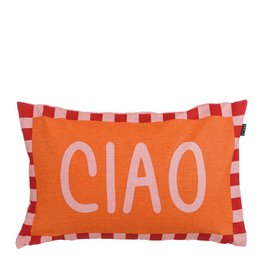  Rectangular orange cushion with the word "CIAO" printed in white text, surrounded by a checkered border in shades of red and orange.