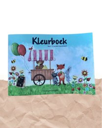  A5 format coloring book with 12 coloring pages featuring a colorful illustration of a cart with various animals and objects.