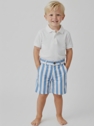  Blue and white striped shorts for kids, available in sizes 2-3A, 4-5A, 6-7A, and 8-10A.