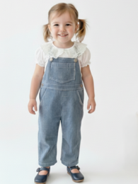 "Denim overalls with blue and white stripes, suitable for children aged 12-18 months to 11-12 years. Comfortable and stylish for casual wear."