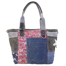 Sunsa Women's Sustainable Handbag. Shoulder bag made from recycled jeans, canvas (canvas) & leather. Bag in vintage retro style. Large shopper women's bag in patchwork design