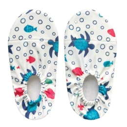 Colorful turtle and fish print kids water shoes, blue pink white, lightweight beach slippers for children.