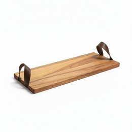 Wooden serving tray with leather handles, rectangular shape, natural wood finish.