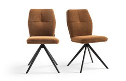 Set of 2 ocher yellow fabric dining room chairs with a modern, minimalist design and swivel base.