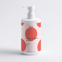 White pump bottle with red circular pattern, keratin volumizing shampoo for hair care and volume.