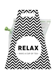 A black and white chevron patterned tea towel with the text "TEABREWER • RELAX" and "Have a cup of tea". The image also shows various tea-related items such as an apple, cinnamon sticks, and a glass jar.