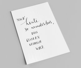 Handwritten lettering card with the text "Make today so wonderful that yesterday gets jealous" on a white background. The card is categorized as a "Love Cards" item.