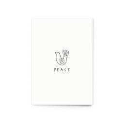 Minimalist postcard with the word "Peace" and a simple hand illustration. Suitable for invitations, greetings, or as a decorative piece.