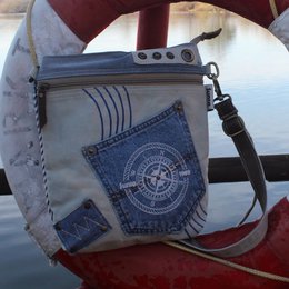 Sunsa Bæredygtig Skuldertaske til kvinder. Skuldertaske lavet af genbrugte jeans & canvas (canvas). Håndtaske i vintage retro stil. Crossbody taske til kvinder med maritimt motiv