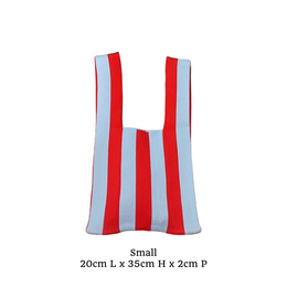 Striped handbag with vertical red, white, blue stripes; available in bordeaux, rose, beige, orange, blue, green colorways.