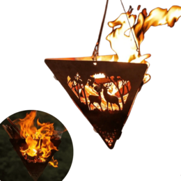 Triangular camping fire suspension, black steel, hanging campfire bowl, outdoor cooking, rustic style
