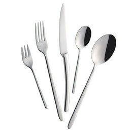 A 60-piece polished stainless steel cutlery set with a modern, minimalist design. Includes forks, knives, and spoons in a sleek, silver finish.