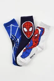 Pack of 3 Spiderman-themed children's socks in blue, black, and white colors featuring Spiderman's iconic mask and web designs.