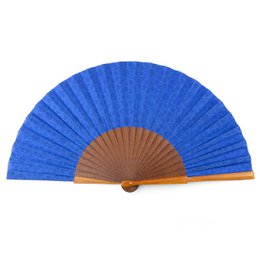  Blue hand fan made of 100% silk and natural wood with a pleated design.