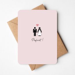 A wedding greeting card featuring a simple illustration of a bride and groom with the text "Yippee!" in a playful, handwritten style. The card is presented on a plain background with a kraft envelope, creating a minimalist and elegant design.