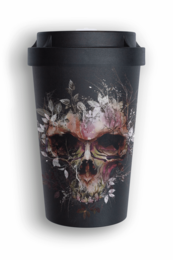 A black travel cup with a colorful floral skull design. The cup appears to be made of a durable material and has a secure lid.
