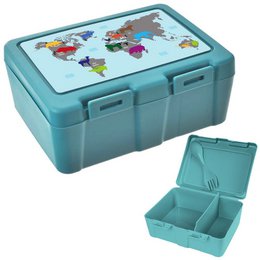  Teal-colored lunch box with a world map design, featuring multiple compartments and a secure closure. Suitable for storing a variety of food items for work or school.