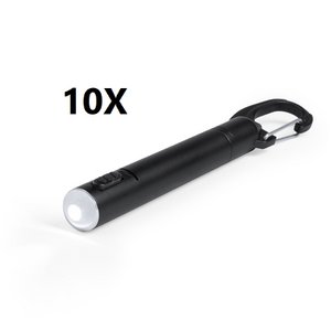 10 x Black Ball Pen met ingebouwde LED-zaklamp. Lichaam in een gladde metalen afwerking en kap met karabijnhaak. In blauwe inkt met knop. Celbatterijen inbegrepen. 11 x cm | 1 Ø