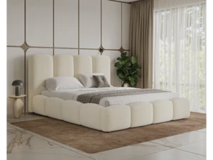 Gestoffeerd Opbergbed 160x200 cm Bouclé Teddy Stof – Fluffy Luxe Tweepersoons Bedframe met Lattenbodem, Verticale Panelen en Grote Opbergruimte – Crème – Abkantoor