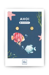  Gold and silver stud earrings with a wanderlust design featuring mountains, trees, and birds in flight.