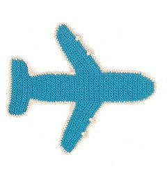 Organic cotton hand-crocheted airplane-shaped cuddle cloth with sound, in a turquoise blue color.