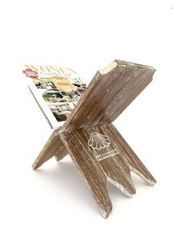 Wooden book stand with intricate carved design, suitable for displaying books or other items. Made of natural wood materials in a rustic, traditional Indian style.
