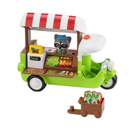 A colorful, mobile food truck playset with a striped awning, various food items, and a raccoon character. The playset appears to be designed for imaginative play.