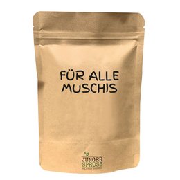 This product is cat grass, a natural and healthy treat for cats. The packaging features the text "For all pussies" which is a playful reference to the product being for cats. The image shows the product packaging, which is a brown paper bag with the brand name "Fur alle muschis" printed on it.