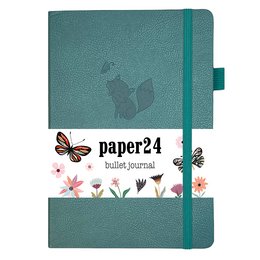 A5 size dot grid notebook with a teal green cover featuring a butterfly design and the Paper24 brand logo. The notebook is suitable for bullet journaling, note-taking, and other writing purposes.