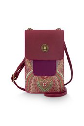  Burgundy phone bag with woven pattern and gold-tone hardware. Compact size of 11x1x18cm suitable for smartphones. Adjustable strap for crossbody or shoulder wear.