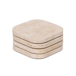 Set of 4 square travertine stone coasters, each measuring 10x10x1cm, in a natural organic design.