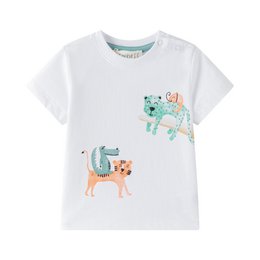  White cotton baby t-shirt with green and orange animal graphics.