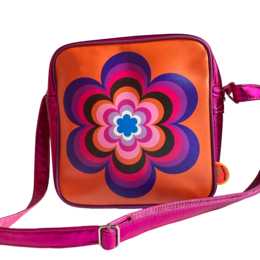  Orange shoulder bag with colorful retro flower design, purple pink strap, compact square shape