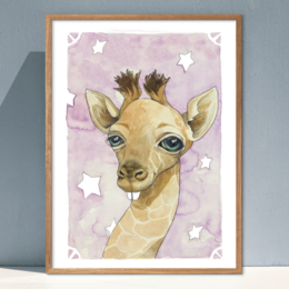 A whimsical, colorful illustration of a giraffe's face against a pink and purple background with stars. The giraffe has large, expressive eyes and a friendly, playful expression.