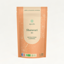  Shatavari Bio 120 capsules, a natural supplement for feminine and hormonal support, made in France with organic ingredients.