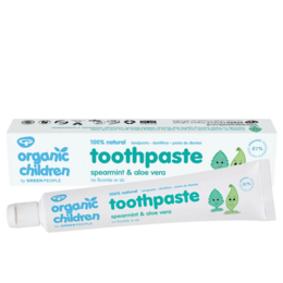 Green children's toothpaste with spearmint and aloe vera flavors, suitable for kids.