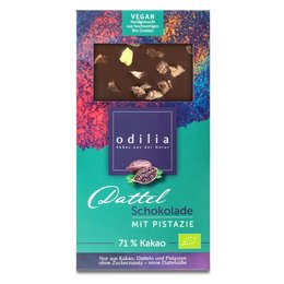 Dark chocolate bar with organic dates and pistachios. Vegan, organic, and made with 72% cacao.