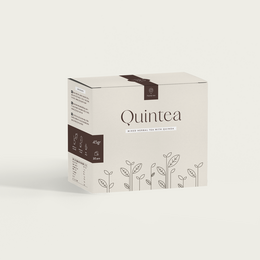 Quintea - a premium tea product packaged in a simple, minimalist box design featuring botanical illustrations.