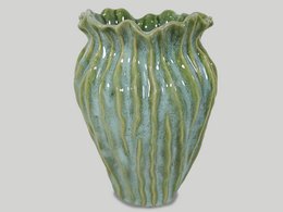  Light green ceramic planter pot, wave textured pattern, tall vase shape, 18cm diameter, 25.5cm height