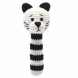 Soft, plush rattle stick in the shape of a cute black and white striped cat. Ideal for baby's development and entertainment.