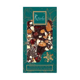 Premium dark chocolate bar with almonds, cherries, and other nuts.