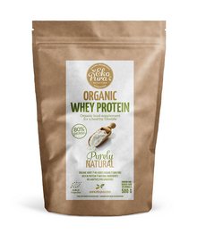 Organic whey protein powder in natural vanilla flavor. High-quality, non-GMO, and gluten-free supplement for muscle building and recovery.