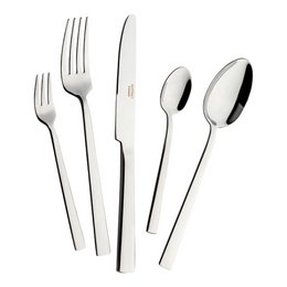 A set of stainless steel cutlery including a fork, knife, and spoon. The cutlery has a sleek, modern design and polished finish.
