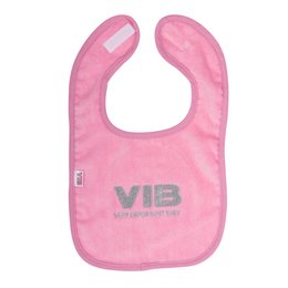 A pink bib with the text "VIB" printed on it. The bib appears to be made of a soft, absorbent material and is designed for infants or young children.