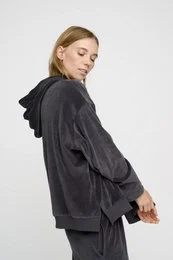Dark grey velvet hoodie with drawstring, relaxed fit, soft texture, women's casual sweatshirt.