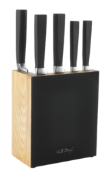 Set of 5 black knives in a wooden block. Includes chef's knife, bread knife, utility knife, paring knife, and carving knife. Durable stainless steel blades with black handles.